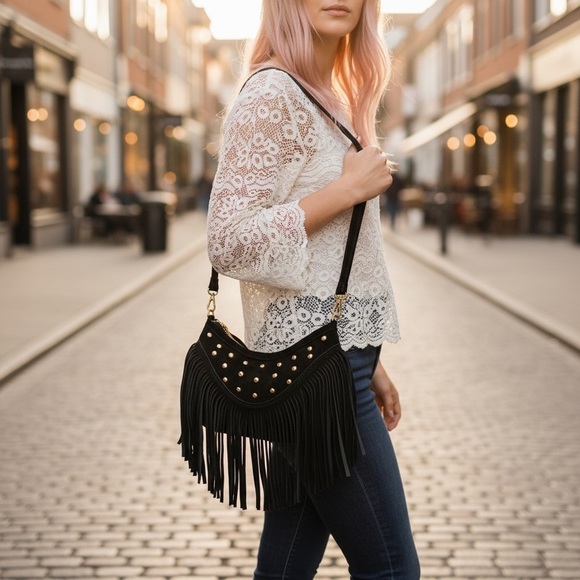 Boho Black Suede Fringe Shoulder Crossbody Bag - Picture 2 of 8